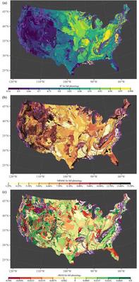 Accuracy assessment of the BHST-LSP model for fall phenology based on the three metrics (a) R2, (b) NRMSE, and (c) rBIAS. Purple polygon boundaries pointed out the 295 ecoregions where in-sample metrics (i.e. models were calibrated and validated using the same dataset) were used to evaluate the model. The other 619 ecoregions used out-of-sample metrics (i.e. models were calibrated using train dataset and were validated using test dataset, respectively). The breaks of the color legend are the same as Fig. 2 to ensure that we can compare the performance of BHST-LSP between spring and fall phenology.