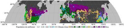 *Spatial distributions of 196 large cities selected in this study and their corresponding climate zones. Each point on the map represents one city. The size of the point is proportional to the population.*