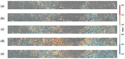 *Spatial pattern of the mean end of season for urban vegetation along the east-west transect for the five time periods: a. 1984-1995; b. 1996-2000; c. 2001-2005; d. 2006-2010; e. 2011-2015*