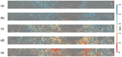 *Spatial pattern of the mean start of season for urban vegetation along the east-west transect for the five time periods: a. 1984-1995; b. 1996-2000; c. 2001-2005; d. 2006-2010; e. 2011-2015*